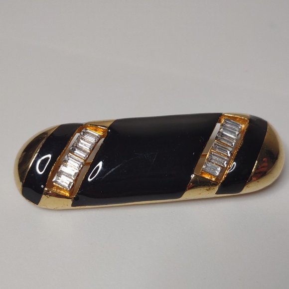 Black And Gold Tone Oval Brooch With Clear Rhinestones - Picture 1 of 14